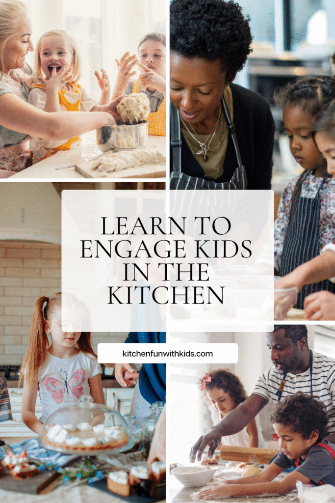 collage of kids in the ktichen with their parents who teach them to cook
