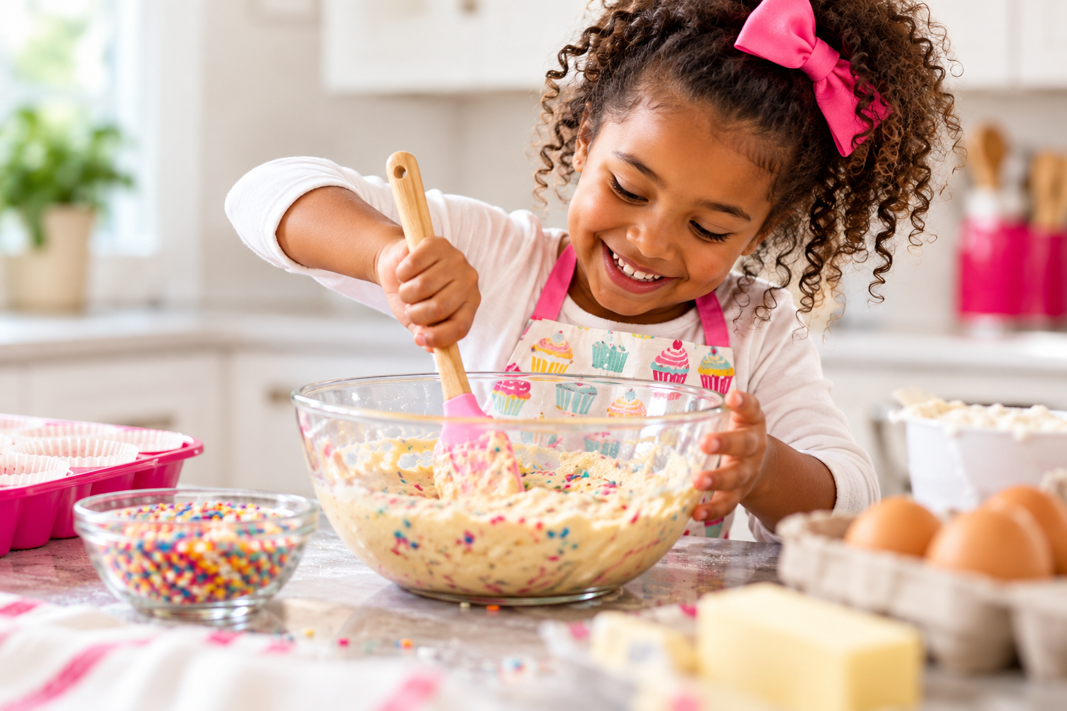 Young baker mixing colorful batter in the kitchen